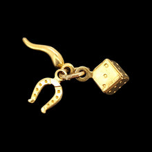 Load image into Gallery viewer, Italian 9ct Yellow Gold Lucky Triple Charm horseshoe, die, cornicello
