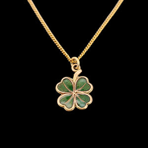 Vintage 9ct Rose Gold Four Leaf Clover Enamel Charm with chain