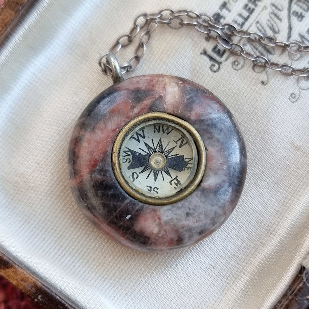 Antique Hardstone Compass Charm with Sterling Silver Chain close-up of face