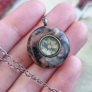 Antique Hardstone Compass Charm with Sterling Silver Chain in hand