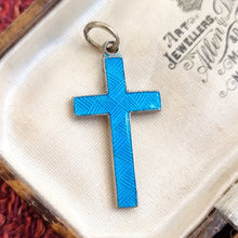 Load image into Gallery viewer, Antique/Vintage Silver and Blue Enamel Cross Pendant back, in box
