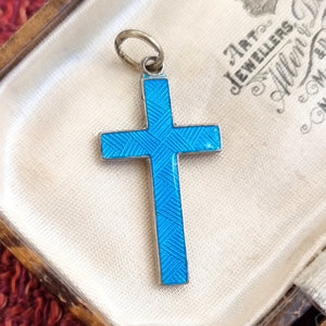 Antique/Vintage Silver and Blue Enamel Cross Pendant back, in box