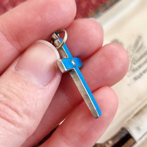 Antique/Vintage Silver and Blue Enamel Cross Pendant in hand, side