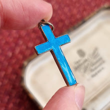 Load image into Gallery viewer, Antique/Vintage Silver and Blue Enamel Cross Pendant in hand
