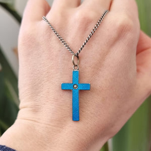 Antique/Vintage Silver and Blue Enamel Cross Pendant with chain, in hand