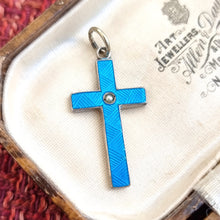 Load image into Gallery viewer, Antique/Vintage Silver and Blue Enamel Cross Pendant front, in box
