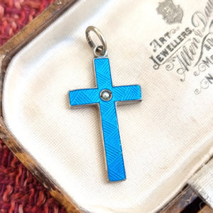 Antique/Vintage Silver and Blue Enamel Cross Pendant front, in box