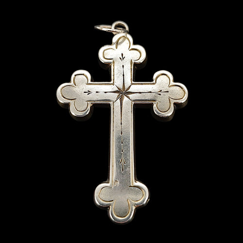 Victorian Sterling Silver Cross Pendant shown from the front, on a black background