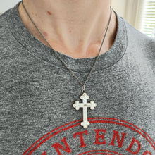 Load image into Gallery viewer, Victorian Sterling Silver Cross Pendant modelled with a silver chain

