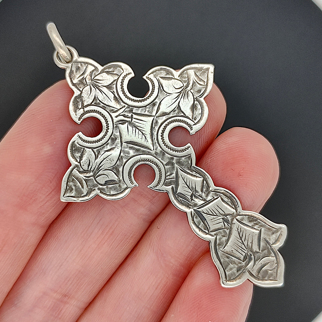 Victorian Sterling Silver Ornate Engraved Cross | Hallmarked Birmingham 1884