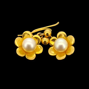 Vintage 9ct Yellow Gold Pearl Flower Drop Earrings
