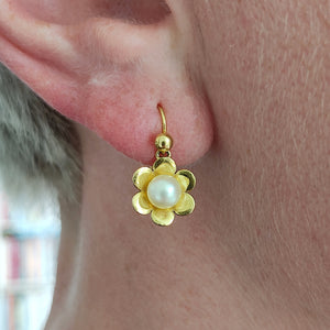 Vintage 9ct Yellow Gold Pearl Flower Drop Earrings