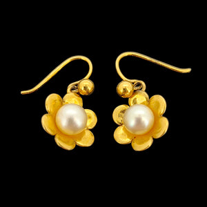 Vintage 9ct Yellow Gold Pearl Flower Drop Earrings