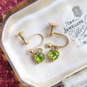 Vintage 9ct Gold Peridot Heart Screw Back Earrings in box