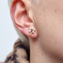 Load image into Gallery viewer, Vintage 9ct Gold Ruby and Pearl Floral Stud Earrings modelled

