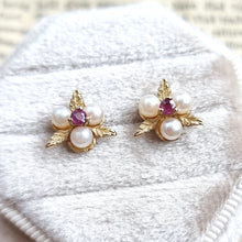 Load image into Gallery viewer, Vintage 9ct Gold Ruby and Pearl Floral Stud Earrings in box
