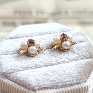 Vintage 9ct Gold Ruby and Pearl Floral Stud Earrings in box