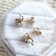 Load image into Gallery viewer, Vintage 9ct Gold Ruby and Pearl Floral Stud Earrings sides
