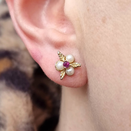 Vintage 9ct Gold Ruby and Pearl Floral Stud Earrings modelled