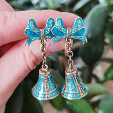 Load image into Gallery viewer, Vintage Siam Sterling Silver Enamel Bell Drop Earrings in hand
