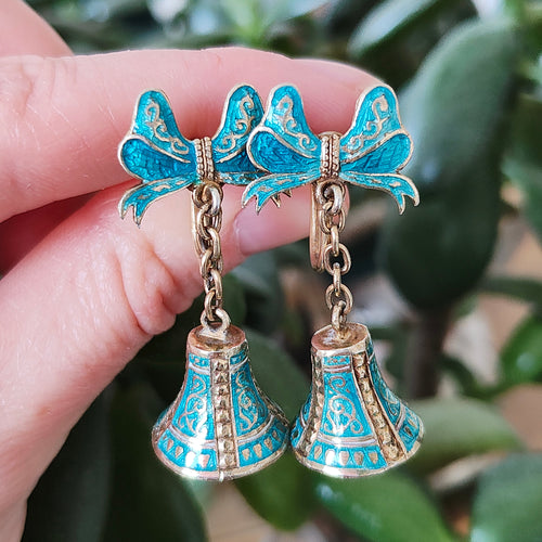 Vintage Siam Sterling Silver Enamel Bell Drop Earrings in hand