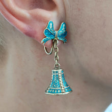 Load image into Gallery viewer, Vintage Siam Sterling Silver Enamel Bell Drop Earrings modelled
