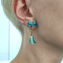 Load image into Gallery viewer, Vintage Siam Sterling Silver Enamel Bell Drop Earrings modelled
