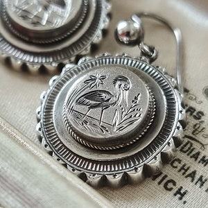 Victorian Silver Bird Drop Earrings close-up of engraving