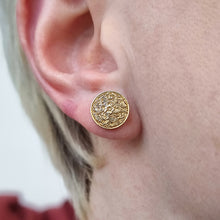 Load image into Gallery viewer, Victorian Gold Engraved Stud Earrings modelled
