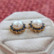Load image into Gallery viewer, Vintage 9ct Gold Sapphire &amp; Freshwater Pearl Cluster Stud Earrings side
