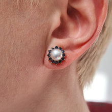 Load image into Gallery viewer, Vintage 9ct Gold Sapphire &amp; Freshwater Pearl Cluster Stud Earrings modelled
