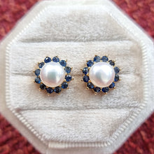 Load image into Gallery viewer, Vintage 9ct Gold Sapphire &amp; Freshwater Pearl Cluster Stud Earrings in box
