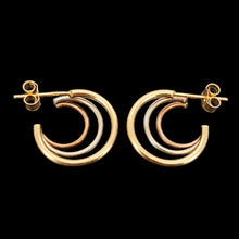 Load image into Gallery viewer, 9ct Yellow, Rose and White Gold Triple Hoop Earrings back view, on a black background
