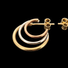 Load image into Gallery viewer, 9ct Yellow, Rose and White Gold Triple Hoop Earrings side view, on a black background
