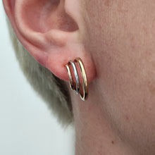 Load image into Gallery viewer, 9ct Yellow, Rose and White Gold Triple Hoop Earrings modelled in the ear
