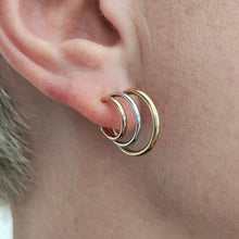 Load image into Gallery viewer, 9ct Yellow, Rose and White Gold Triple Hoop Earrings modelled in the ear
