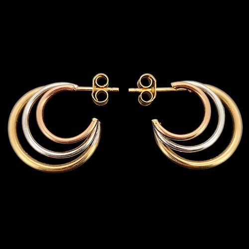 9ct Yellow, Rose and White Gold Triple Hoop Earrings on a black background
