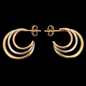 9ct Yellow, Rose and White Gold Triple Hoop Earrings on a black background