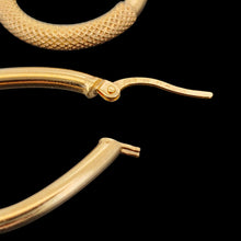 Load image into Gallery viewer, Italian 9ct Yellow Gold Oval Textured Hoop Earrings close-up of the fitting, on a black background
