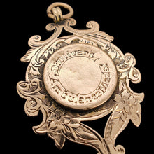 Load image into Gallery viewer, Edwardian 9ct Rose Gold Hidden Locket Fob Medal close-up of engraving
