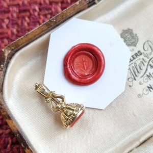 Antique Miniature Carnelian Anchor and Lyre Fob Seal in box with wax impression