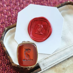 Victorian Gilt Cased Carnelian Griffin Fob Seal with wax impression