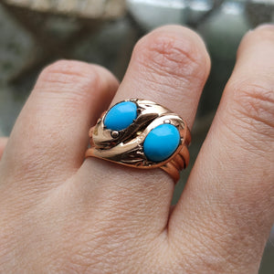 Edwardian 9ct Rose Gold Turquoise Double Snake Ring