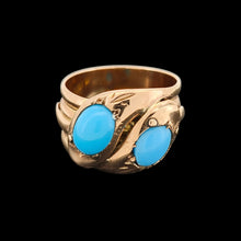 Load image into Gallery viewer, Edwardian 9ct Rose Gold Turquoise Double Snake Ring

