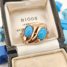 Load image into Gallery viewer, Edwardian 9ct Rose Gold Turquoise Double Snake Ring
