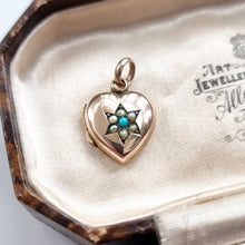Load image into Gallery viewer, Antique 9ct Gold Turquoise and Seed Pearl Heart Locket in box, front
