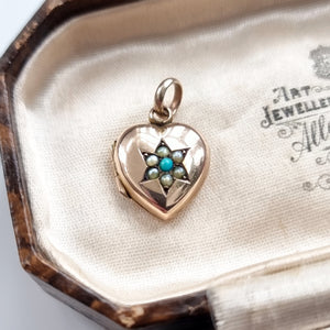 Antique 9ct Gold Turquoise and Seed Pearl Heart Locket in box, front