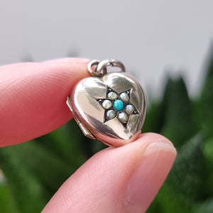 Antique 9ct Gold Turquoise and Seed Pearl Heart Locket in hand