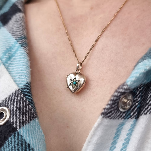 Antique 9ct Gold Turquoise and Seed Pearl Heart Locket modelled with chain