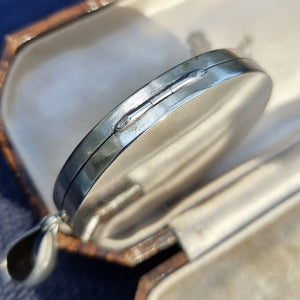 Antique Silver Engraved Locket Pendant side view, hinge